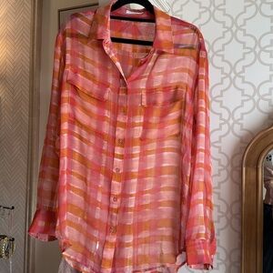 Equipment Essential Silk Shirt Top Blouse small orange pink check sheer